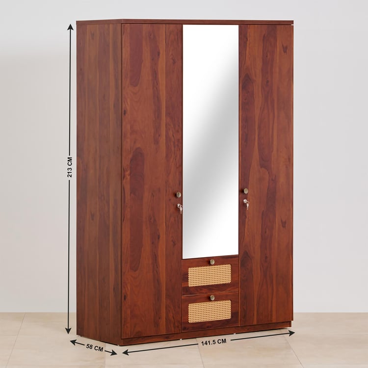 Elsa 3-Door Wardrobe with Mirror and Drawers - Brown