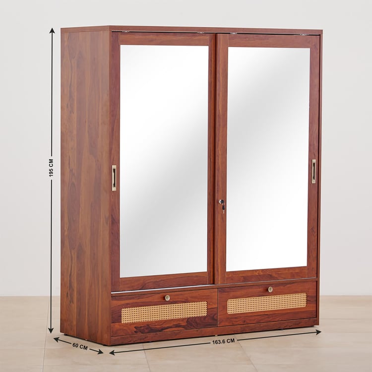 Elsa Sliding 2-Door Wardrobe with Mirror and Drawer - Brown