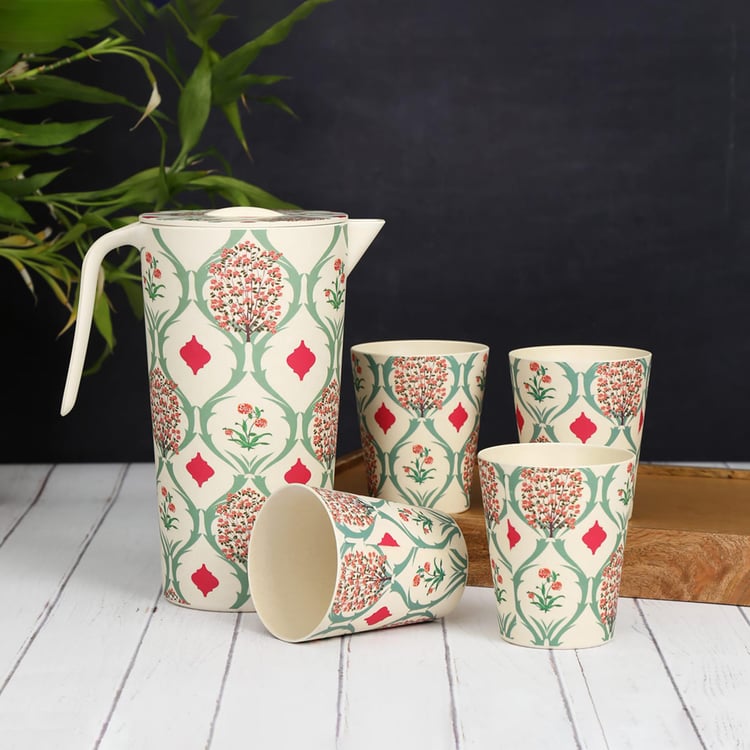 INDIA CIRCUS Lattice Blooms 5Pcs Bamboo Fiber Printed Jug and Tumbler Set