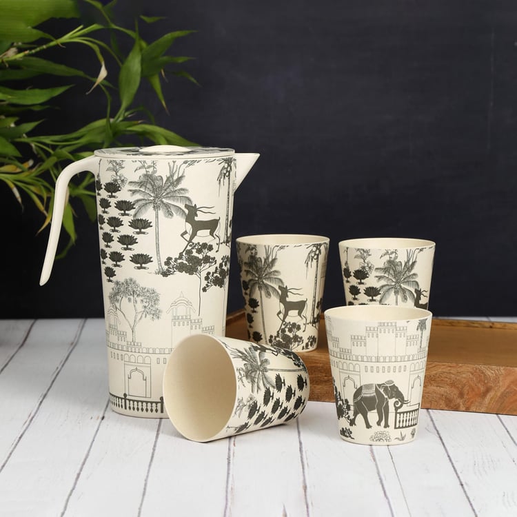 INDIA CIRCUS Monochrome Palatial Courtyard 5Pcs Bamboo Fiber Printed Jug and Tumbler Set