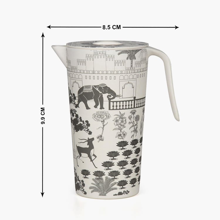 INDIA CIRCUS Monochrome Palatial Courtyard 5Pcs Bamboo Fiber Printed Jug and Tumbler Set