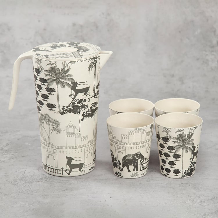 INDIA CIRCUS Monochrome Palatial Courtyard 5Pcs Bamboo Fiber Printed Jug and Tumbler Set