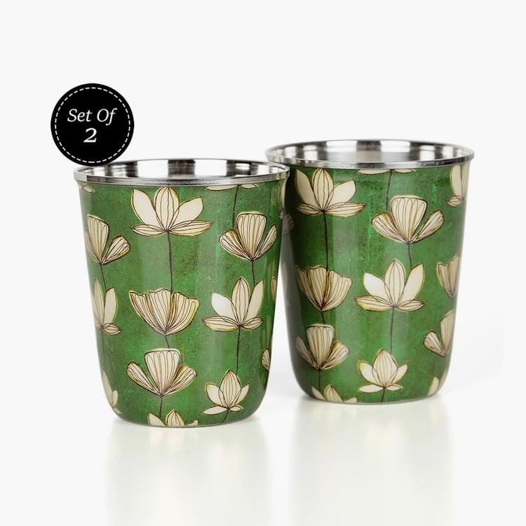 INDIA CIRCUS Lotus Pond Set of 2 Stainless Steel Printed Tumblers - 165ml