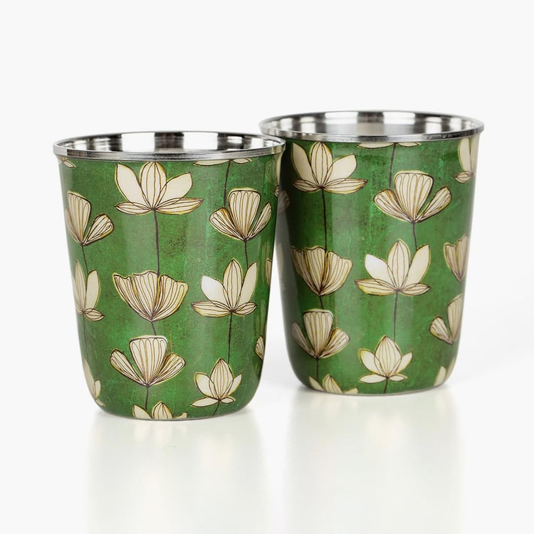 INDIA CIRCUS Lotus Pond Set of 2 Stainless Steel Printed Tumblers - 165ml