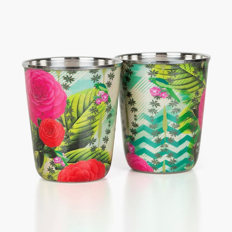 INDIA CIRCUS Herbs of Captivation Set of 2 Stainless Steel Printed Tumblers - 165ml