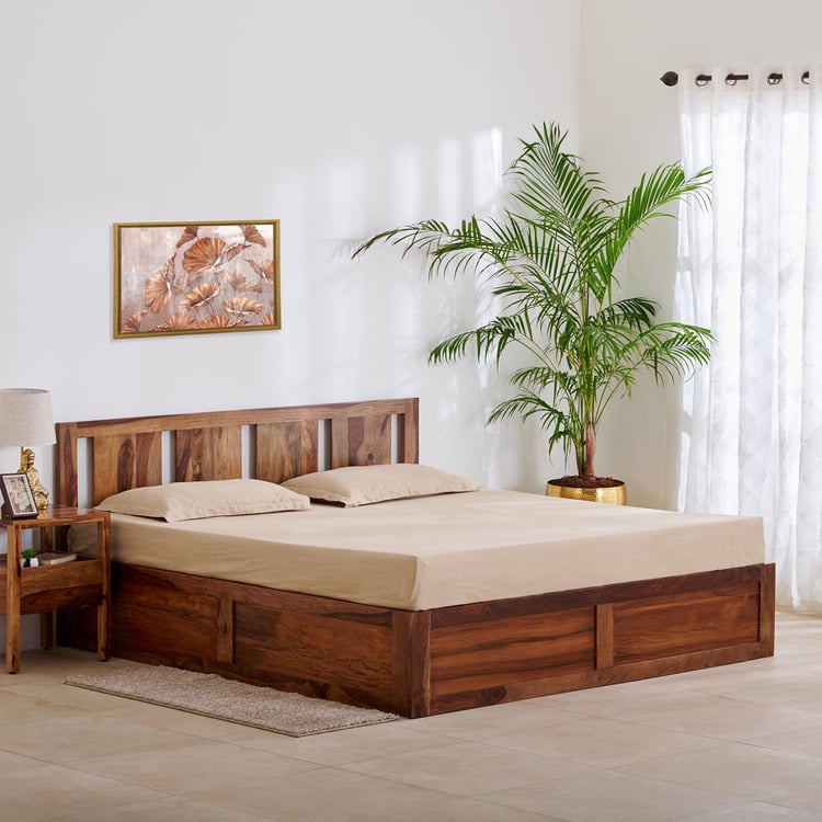 Helios Pico Sheesham Wood Queen Bed with Hydraulic Storage - Brown