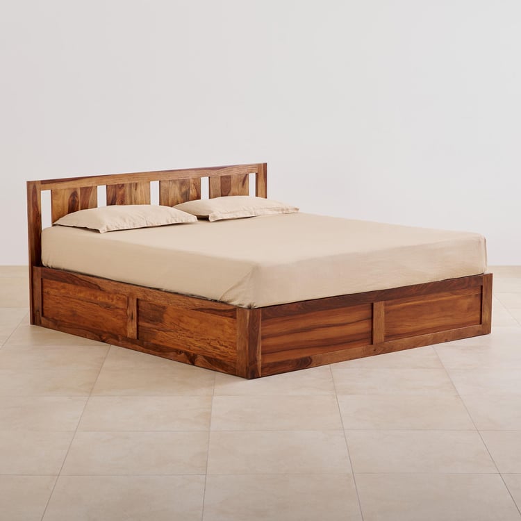 Helios Pico Sheesham Wood Queen Bed with Hydraulic Storage - Brown