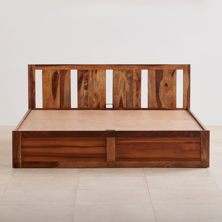 Helios Pico Sheesham Wood Queen Bed with Hydraulic Storage - Brown