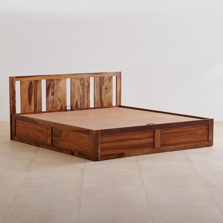 Helios Pico Sheesham Wood Queen Bed with Hydraulic Storage - Brown