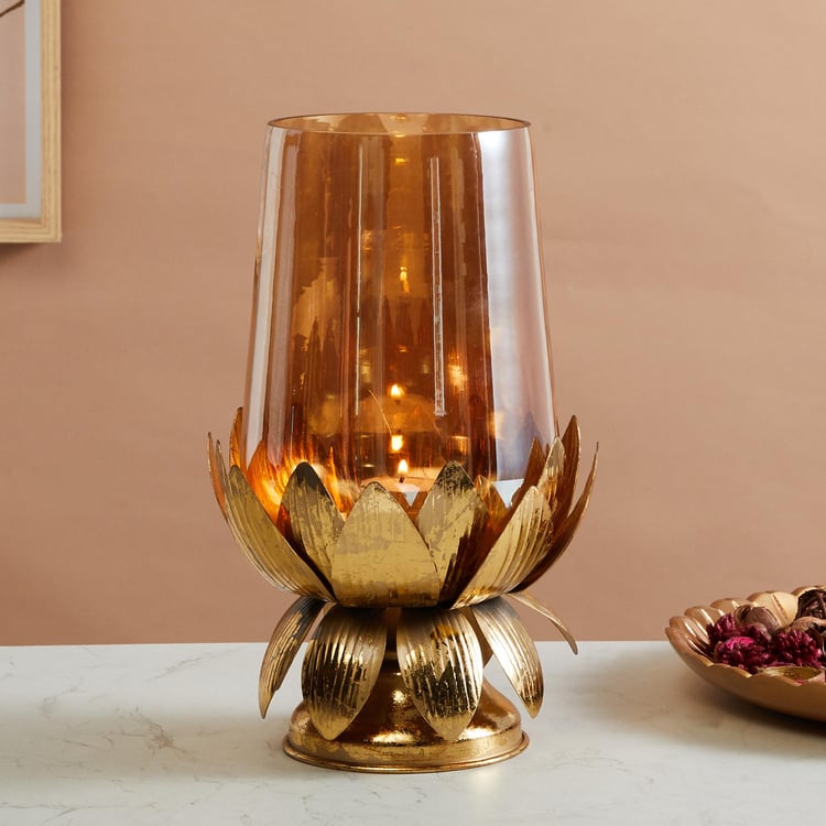 Rylee Glass Hurricane Candle Holder with Lotus Stand