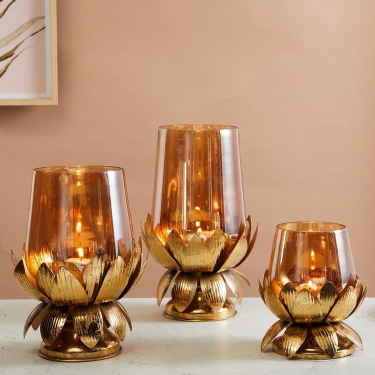 Rylee Glass Hurricane Candle Holder with Lotus Stand