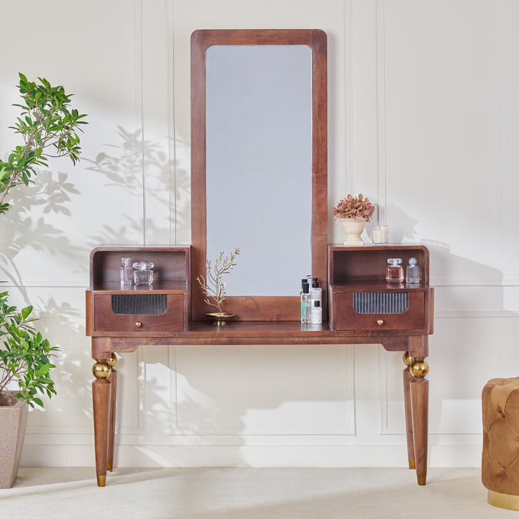 Dastkari Mango Wood Dresser Mirror with Drawers - Brown