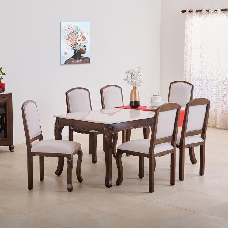 Victoria Marble Top 6-Seater Dining Set with Chairs - Brown