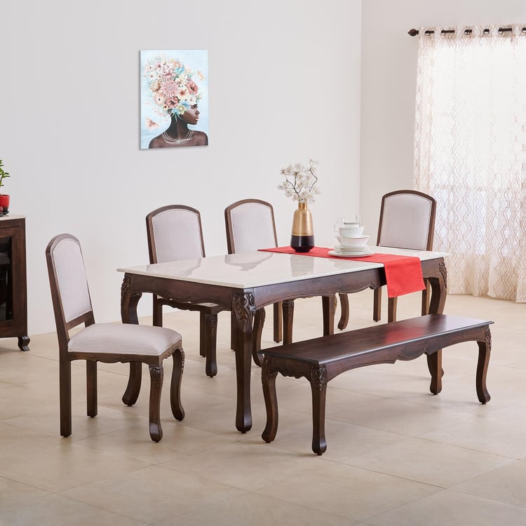 Victoria Marble Top 6-Seater Dining Set with Chairs and Bench - Brown