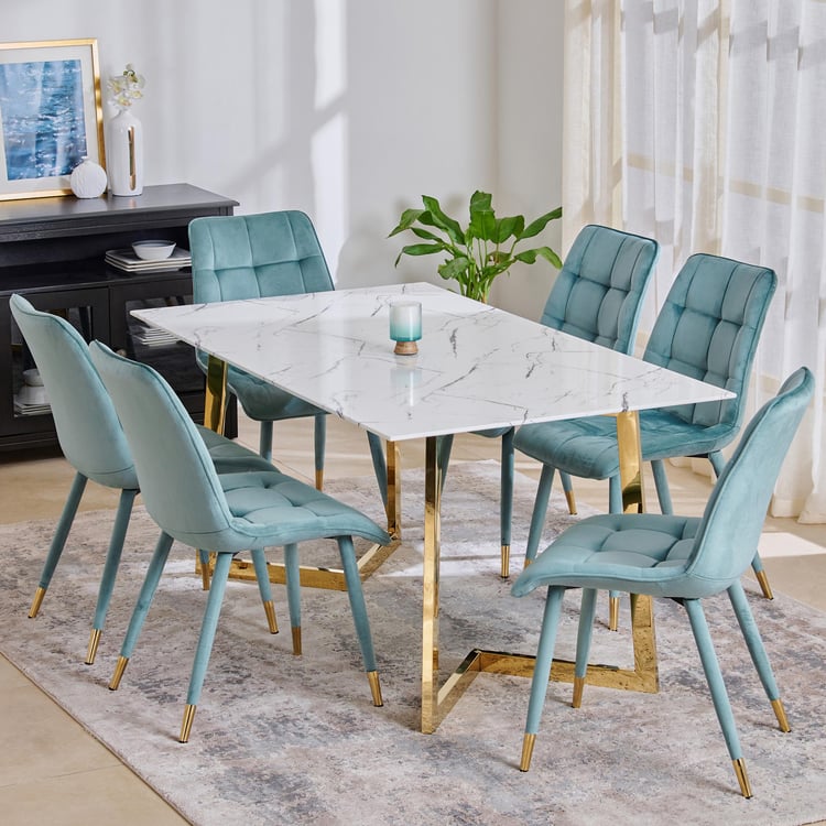 Bianca Glass Top 6-Seater Dining Set with Chairs - White and Blue
