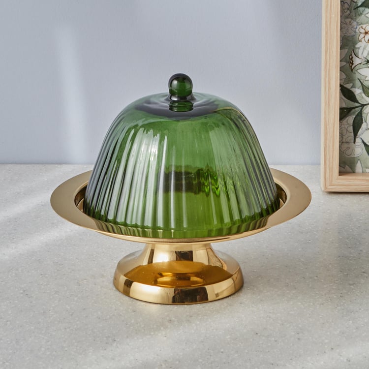 Pacific Brian Metal Cake Stand with Ribbed Glass Cloche