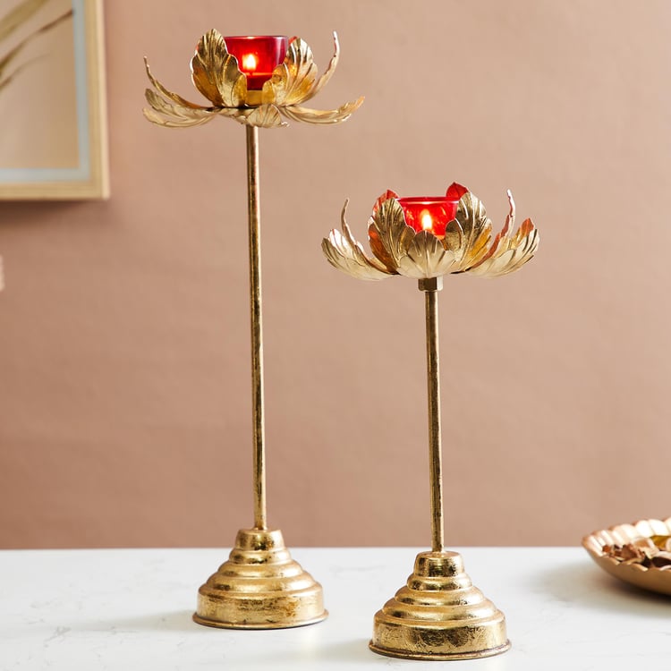 Corsica Kamal Set of 2 Glass and Metal Lotus T-Light Holders