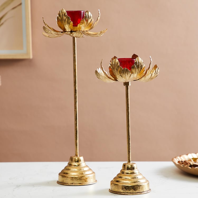 Corsica Kamal Set of 2 Glass and Metal Lotus T-Light Holders