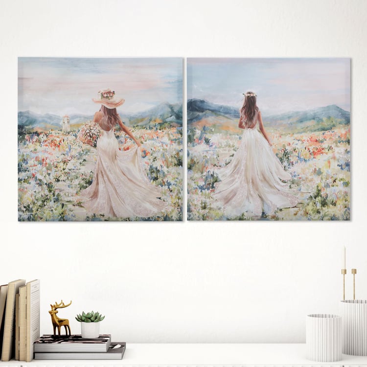 Brezza Set of 2 Canvas Woman and Flowers Printed Picture Frames - 50x50cm
