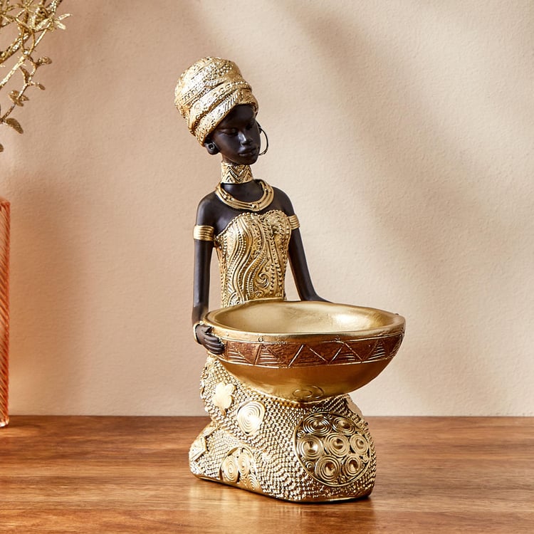 Jaguar Polyresin Sitting African Woman Figurine with Bowl