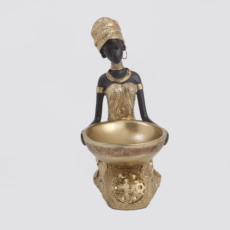 Jaguar Polyresin Sitting African Woman Figurine with Bowl