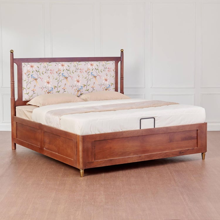 Dastkari Maharaja Mango Wood Queen Bed with Hydraulic Storage - Brown