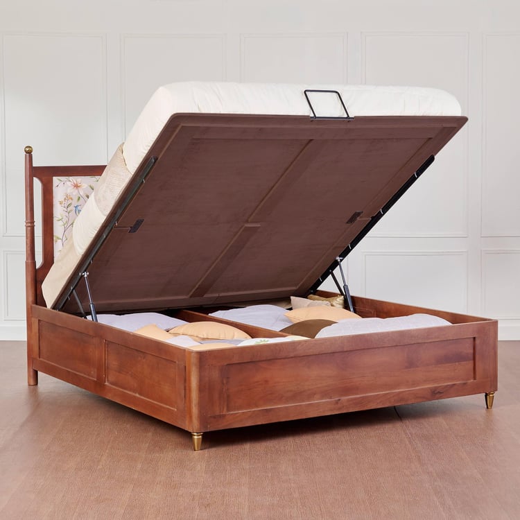 Dastkari Maharaja Mango Wood Queen Bed with Hydraulic Storage - Brown