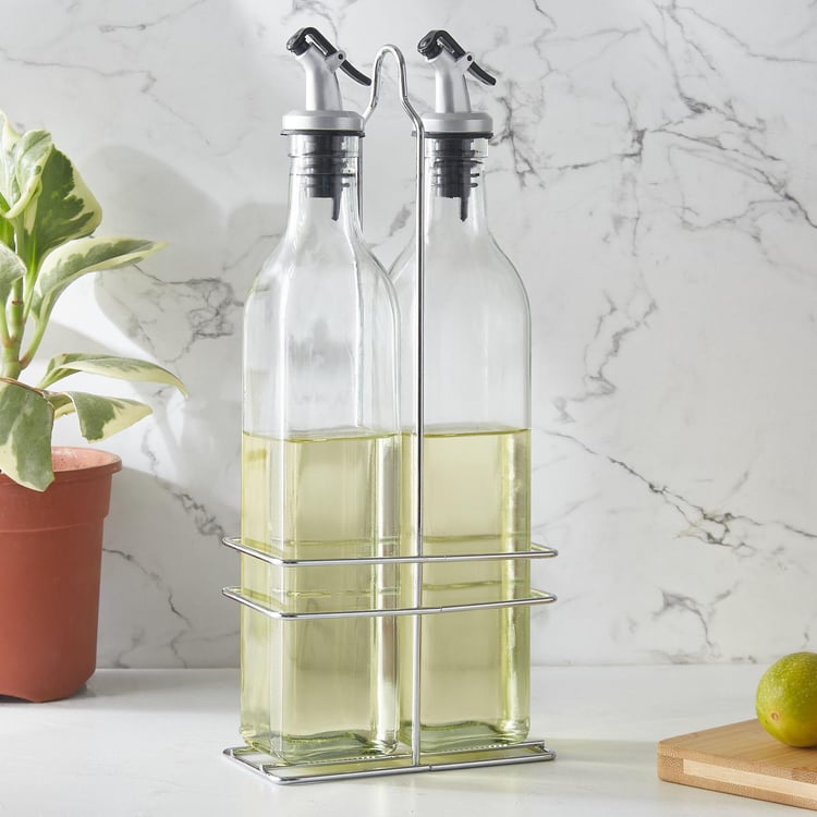 Pacific Blithe Set of 2 Glass Oil Bottles with Stand - 500ml