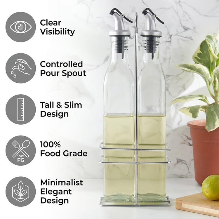 Pacific Blithe Set of 2 Glass Oil Bottles with Stand - 500ml