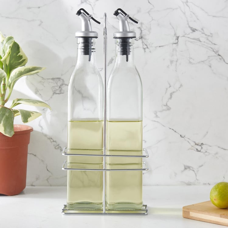 Pacific Blithe Set of 2 Glass Oil Bottles with Stand - 500ml