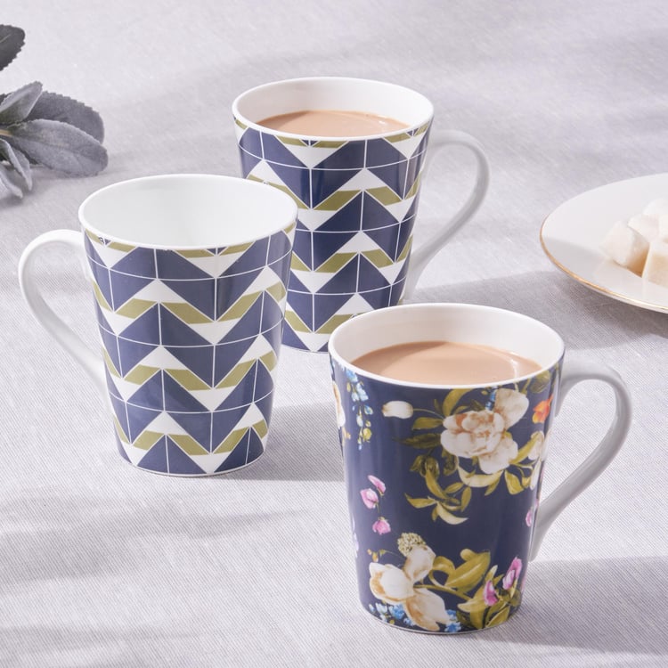 Mandarin Botanica Set of 3 Bone China Printed Coffee Mugs - 340ml