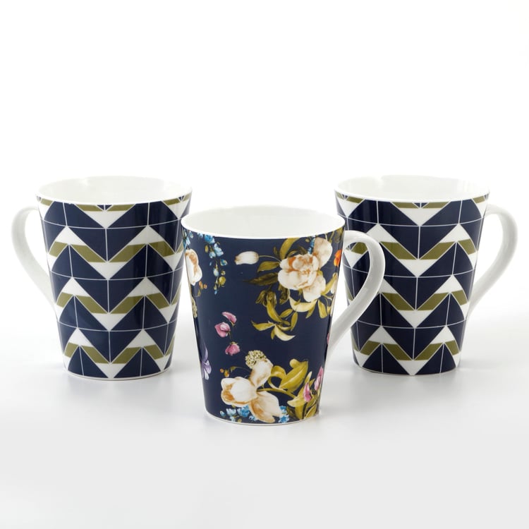 Mandarin Botanica Set of 3 Bone China Printed Coffee Mugs - 340ml