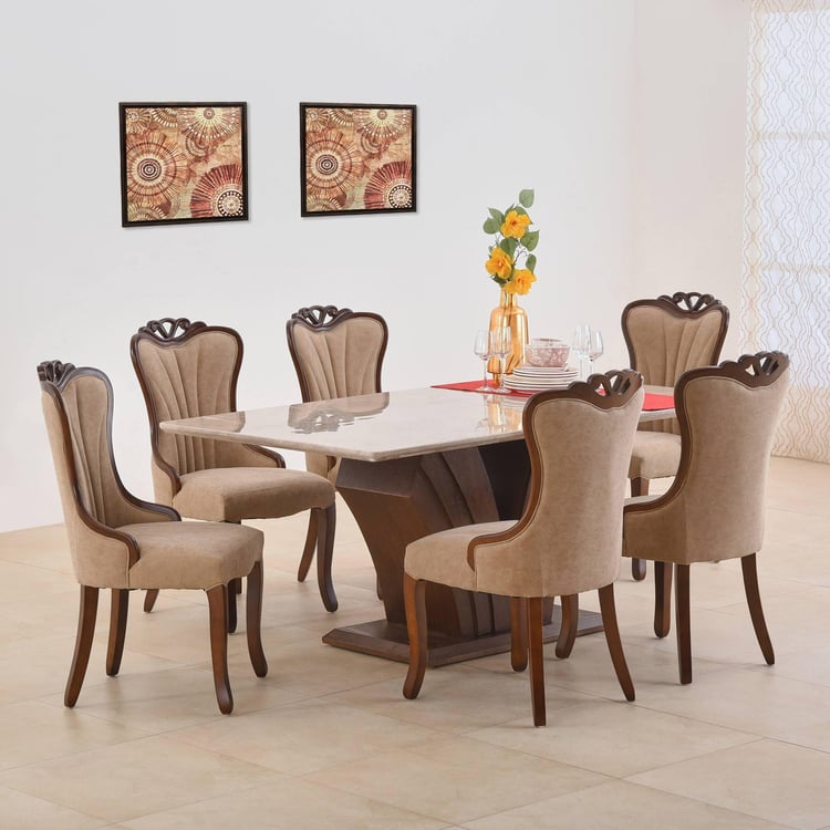 Empire Art Marble Top 6-Seater Dining Set with Chairs - Brown