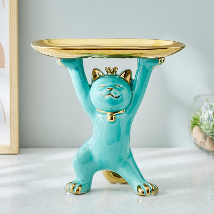 Souvenir Ceramic Cat Figurine with Platter