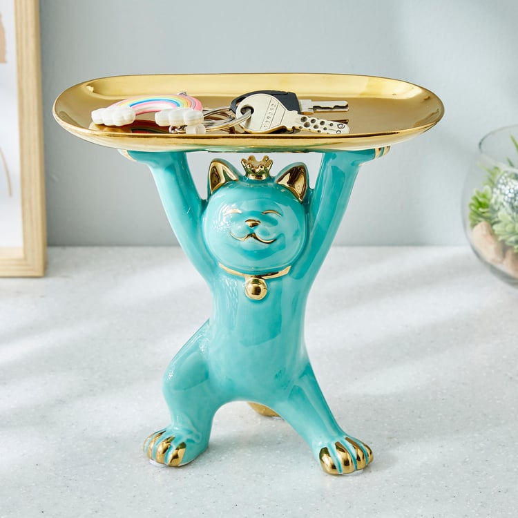 Souvenir Ceramic Cat Figurine with Platter