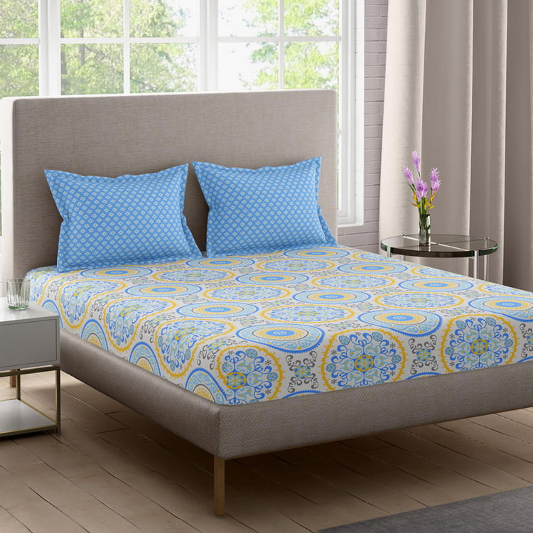 BICHAUNA Malhaar Cotton 120TC Printed 3Pcs Queen Bedsheet Set