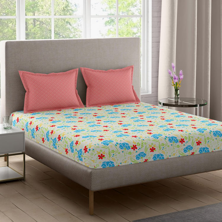 BICHAUNA Malhaar Cotton 120TC Floral Printed 3Pcs Queen Bedsheet Set