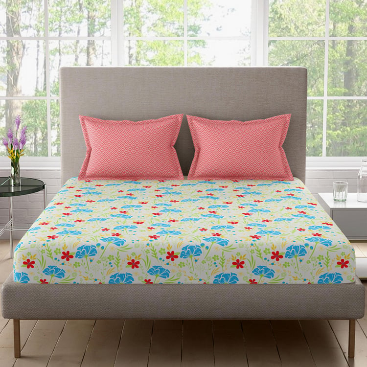 BICHAUNA Malhaar Cotton 120TC Floral Printed 3Pcs Queen Bedsheet Set