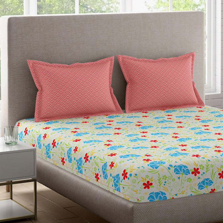 BICHAUNA Malhaar Cotton 120TC Floral Printed 3Pcs Queen Bedsheet Set