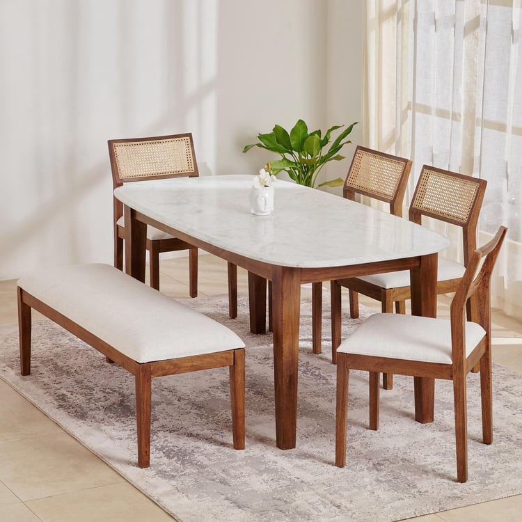 Cane NXT Marble Top 6-Seater Dining Set with Chairs and Bench - White
