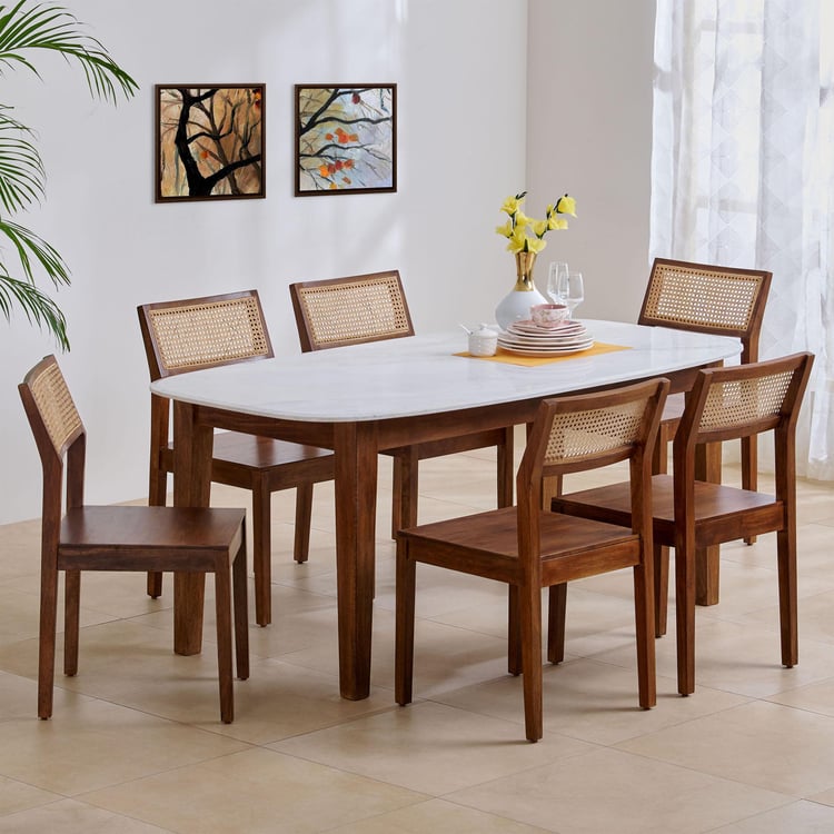Cane NXT Marble Top 6-Seater Dining Set with Chairs - White and Brown