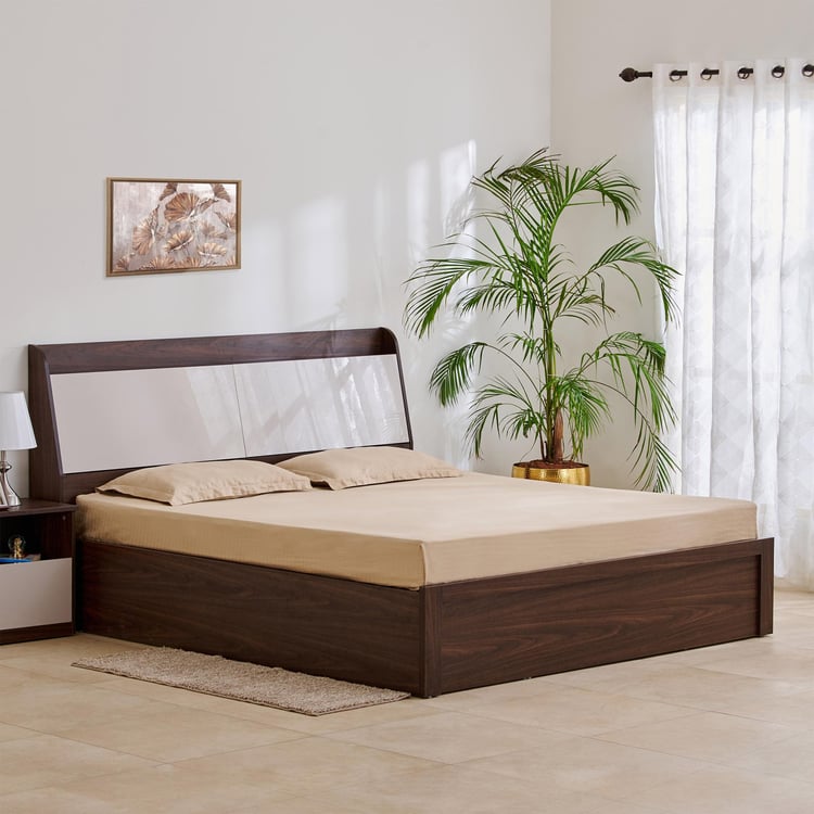 Tulip King Bed with Hydraulic and Headboard Storage - Brown and White