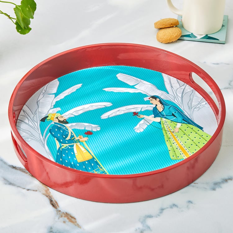 Raisa Raja Rani Wooden Printed Round Serving Tray - 30cm