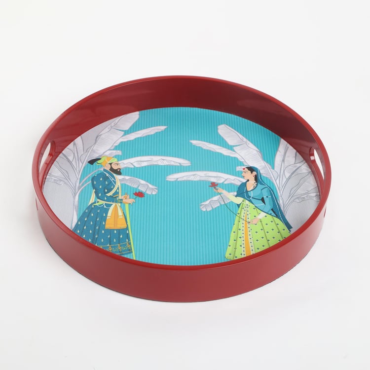 Raisa Raja Rani Wooden Printed Round Serving Tray - 30cm