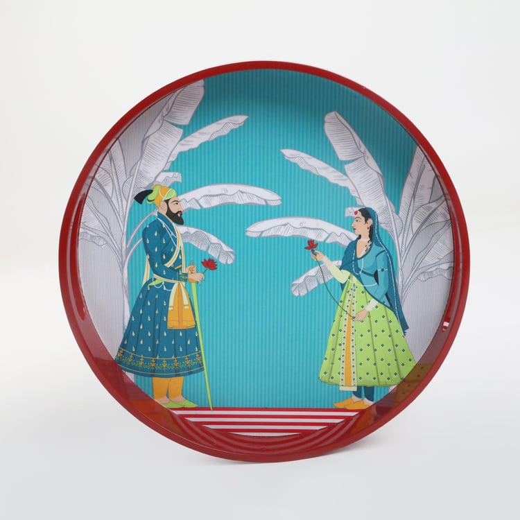 Raisa Raja Rani Wooden Printed Round Serving Tray - 30cm