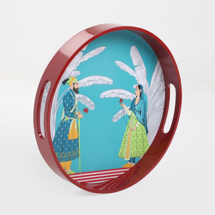 Raisa Raja Rani Wooden Printed Round Serving Tray - 30cm