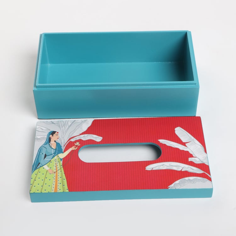 Raisa Raja Rani Printed Wooden Tissue Holder - 23x13x7cm