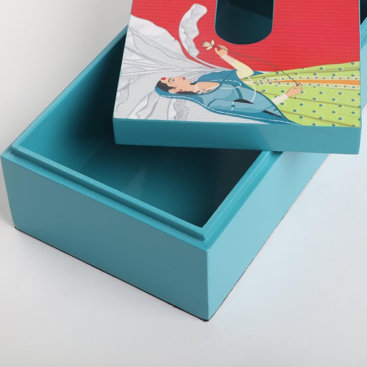 Raisa Raja Rani Printed Wooden Tissue Holder - 23x13x7cm