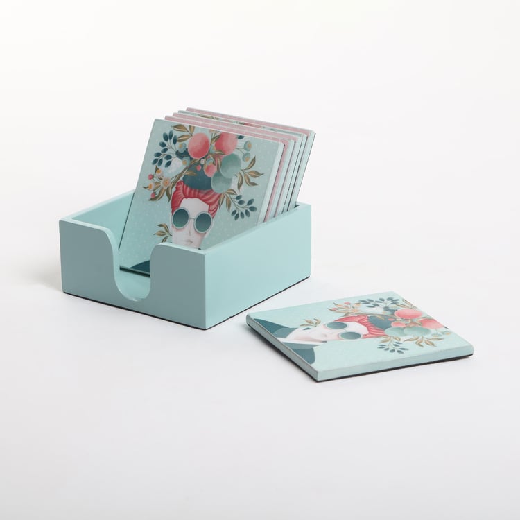 Raisa Retro Set of 6 Wooden Printed Coasters with Holder