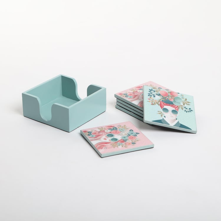 Raisa Retro Set of 6 Wooden Printed Coasters with Holder